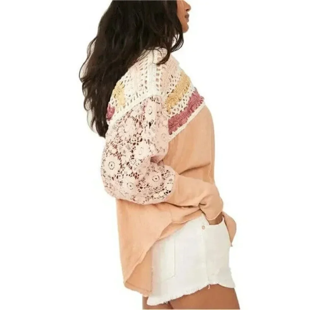FREE PEOPLE High Hopes Cotton Crocheted-Yoke Lace-Sleeve Top Brown Sugar Combo